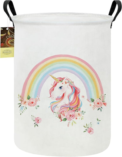 HUNRUNG Laundry Hamper,Large Canvas Fabric Lightweight Storage Basket Toy Organizer Dirty Clothes Collapsible Waterproof for College Dorms（Round-Rainbow Unicorn）