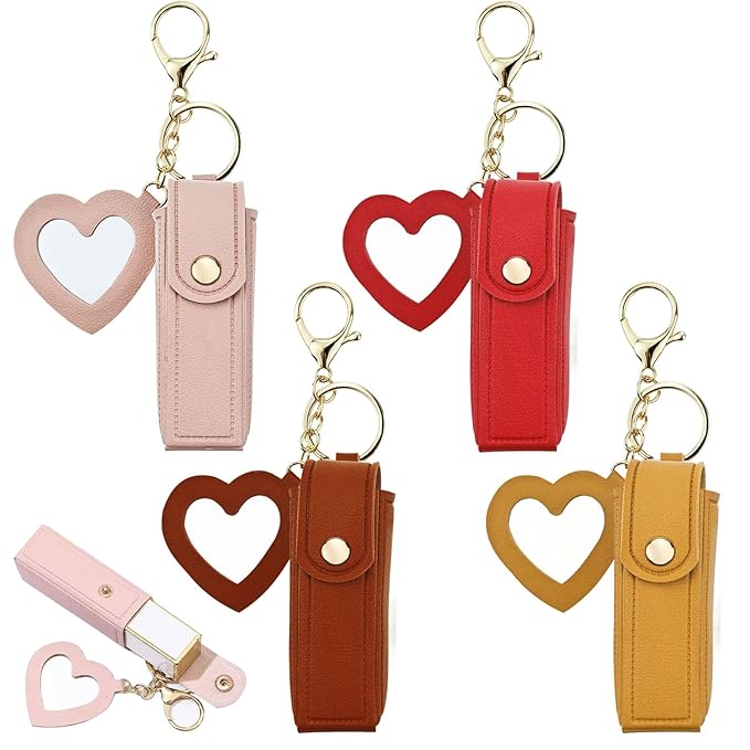 4 PACK PU Leather Potable Chapstick Holder Key Chain Bulk with Mirror, Lipstick Keychain, Lip Balm Organizer Holder Lipstick Travel Makeup Storage Case for Women Girls (Style 2)