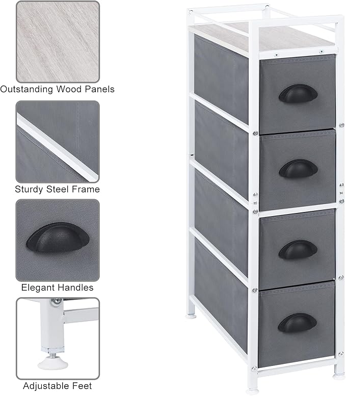 HAITRAL Narrow Dresser - 4 Drawers Slim Fabric Storage Cabinet - Vertical Standing Storage Chest - Gaps Tower Organizer with Removable Drawers and Wooden top for Laundry,Closet,Living Room,Entryway
