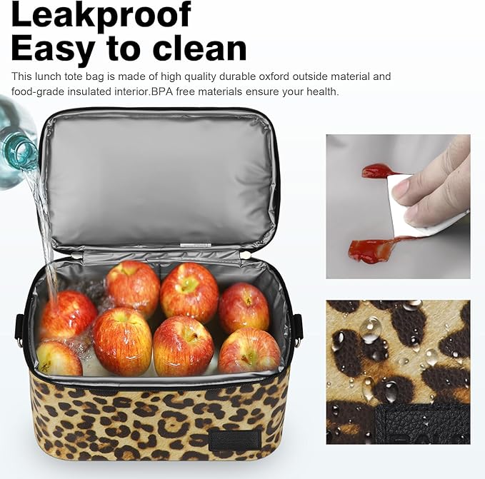BALORAY Lunch Bag for Women Men, Double Deck Lunch Box for Adults, PU Leather Lunch Tote Bag Insulated Lunch Bags with Strap for Work Office Picnic (leopard with strap)