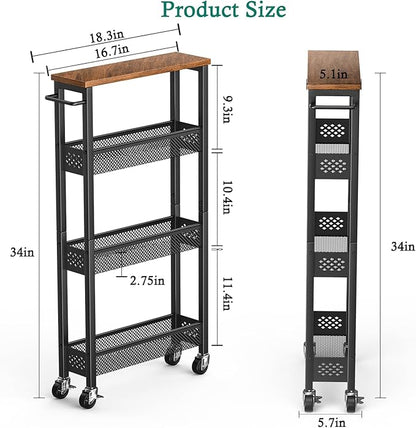 Slim Storage Cart 4 Tier Narrow Kitchen Rolling Cart on Wheels for Small Space, Mobile Utility Cart Shelving Unit with Wooden Top and Metal Handle for Kitchen, Bathroom, Laundry Room