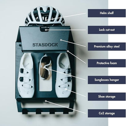 Stasdock Wall Bike Rack | Bike Storage Wall Mount System | For Race Bicycles (Happy Black) and Mountain Bikes | Bike Shelf | Indoor bike wall bracket | Store your helmet and shoes | Home and Garage