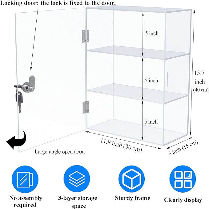 DuvinDD Acrylic Display Case with Lock, Countertop Locking Display Cabinet with Shelves and Door, Clear Acrylic Storage Cabinet Collectibles Showcase, Safe Organizer for Home Office 11.8x5.9x15.7inch