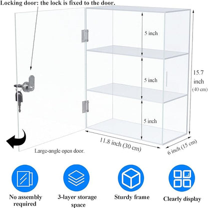 DuvinDD Acrylic Display Case with Lock, Countertop Locking Display Cabinet with Shelves and Door, Clear Acrylic Storage Cabinet Collectibles Showcase, Safe Organizer for Home Office 11.8x5.9x15.7inch