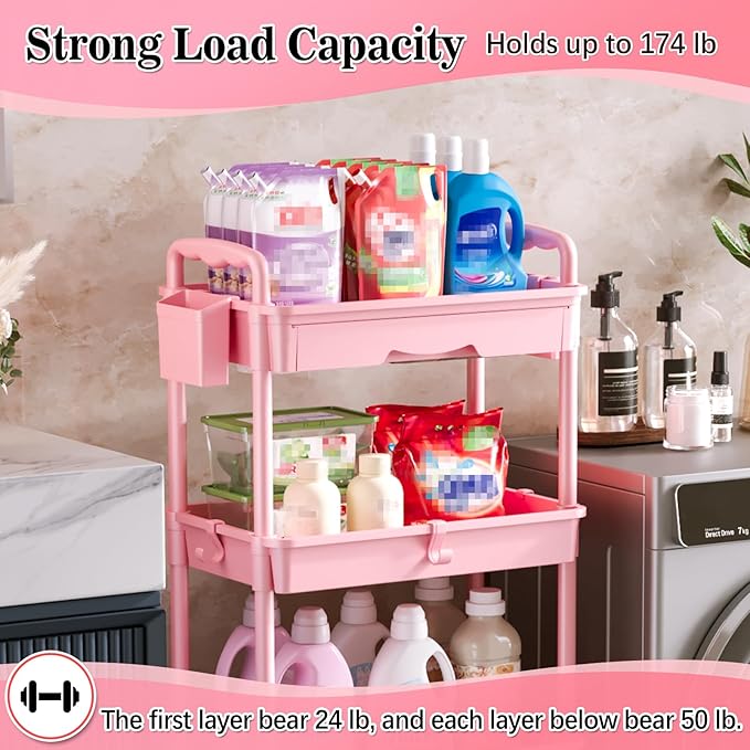 4 Tier Rolling Utility Cart with Drawer, Storage Organizer Cart with 2 Lockable Wheels, Multifunctional Rolling Storage Cart for Bathroom, Kitchen, Craft, Makeup, Baby Essentials, Pink