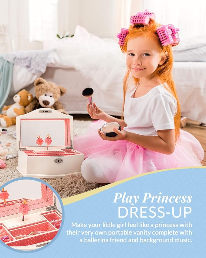 Elle Jewelry Box - Ballerina Jewelry Organizer and Swan Lake Wind-Up Music Box for Girls and Teens, Accessories and Keepsake Wooden Storage with Lock and Mirror, Charming Room Decor and Gift, Large