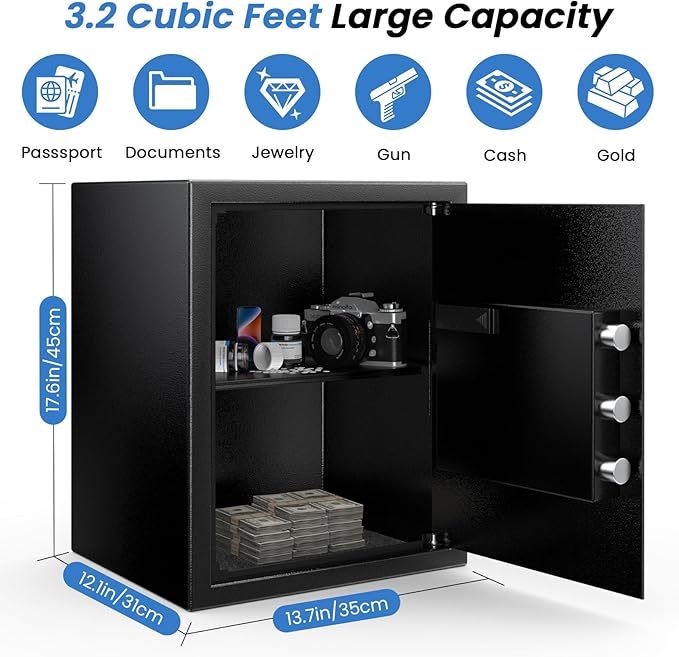 17.55'' Tall Fireproof Safe Box, 3.2 Cuft Home Safe with Keys & Pass Code & Wall Mount Kits, Money Safe with Smart Alert System, Removable Shelf, Mute Function and Fireproof Waterproof Bag