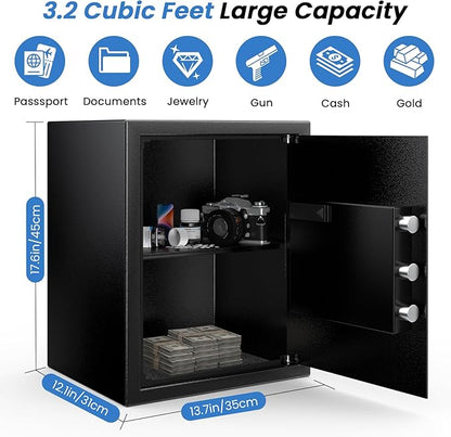 17.55'' Tall Fireproof Safe Box, 3.2 Cuft Home Safe with Keys & Pass Code & Wall Mount Kits, Money Safe with Smart Alert System, Removable Shelf, Mute Function and Fireproof Waterproof Bag