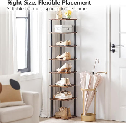 HOOBRO Vertical Shoe Rack, 8-Tier Narrow Shoe Shelf, Shoe Storage Organizer for Small Space, 11" L x 11" W x 53" H, Closet, Entryway, Hallway, Bedroom, Rustic Brown and Black BF22XJ01