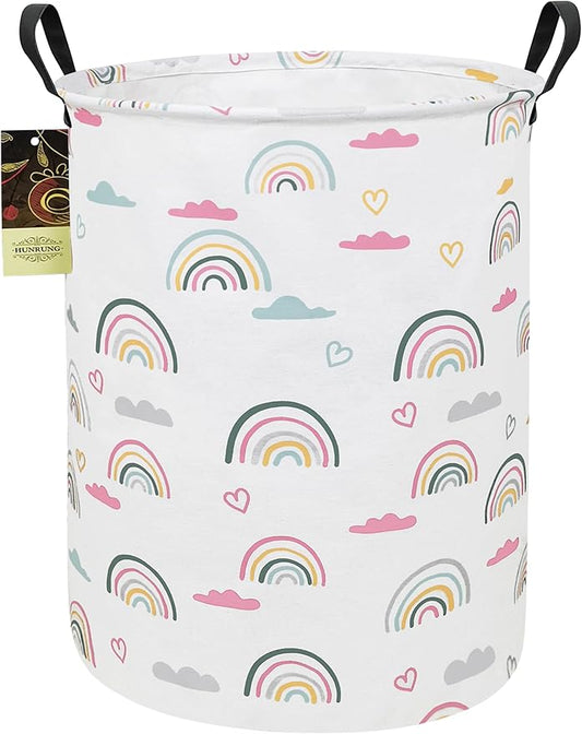 HUNRUNG Laundry Hamper,Large Canvas Fabric Lightweight Storage Basket Toy Organizer Dirty Clothes Collapsible Waterproof for College Dorms（Round-Rainbow）