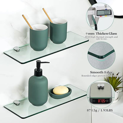 SAYAYO Floating Glass Shelves for Bathroom, Tempered Glass Shelf for Wall 15 x 5 Inch 2 Pack, Clear
