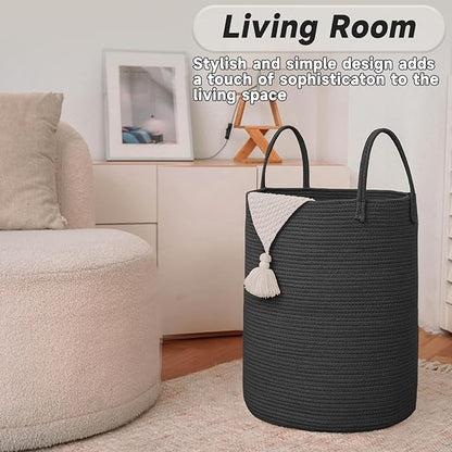 Large Woven Laundry Basket Hamper,60L Cotton Rope Storage Bin for Blankets,Toys and Clothes,Decorative Tall Nursery Hamper for Living Room,Baby Nursery,Bathroom and Bedroom,Black