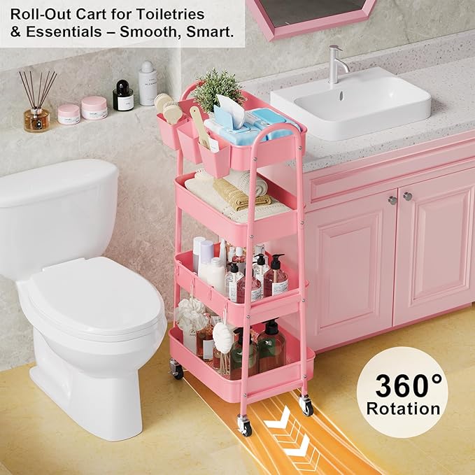 4 Tier Rolling Cart Metal with Lockable Wheels, Four Tiered Pink Trolley Cart on Wheels, Utility Storage Organizer Carts for Bathroom, Kitchen, Art, Craft, Baby Diaper Caddy, Snack, Makeup, Nail, Lash