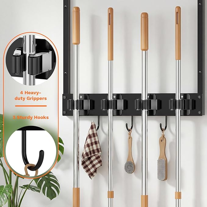 Broom Holder Wall Mount with Shelf Load 66LBS Broom and Mop Organizer Wall Hanging Broom Hanger with 4 Mop Hanger Grippers, 3 Hooks for Laundry Room, Garage, Utility Closet, Kitchen, 2 Packs