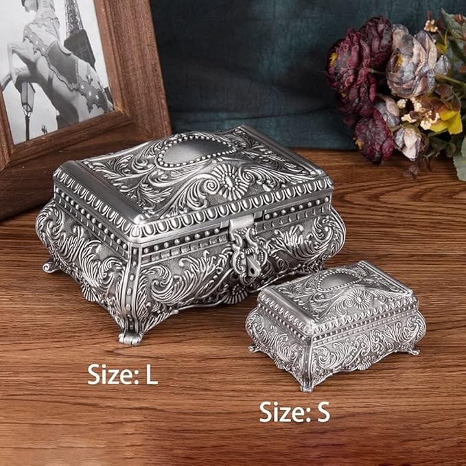 Feyarl Vintage Jewelry Trinket Box Earring Ring Treasure Chest Case Necklace Organizer Storage Decorative Keepsake Box for Girl Woman Christmas Gift Home Deco(6.7 x 4.7 x 3.5 inch)