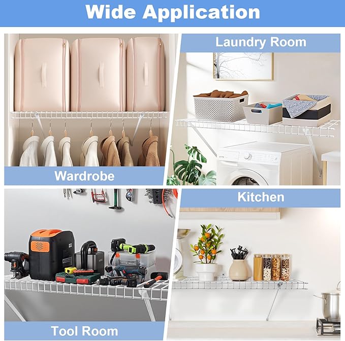 12 Inch Wire Shelf Brackets Set, 4 Pack Metal White Closet Support Bracket with End Brackets & Clips for Wire Shelving Wall Bracket Installation, Support Wire Closet Shelves Racks(4 Pack)