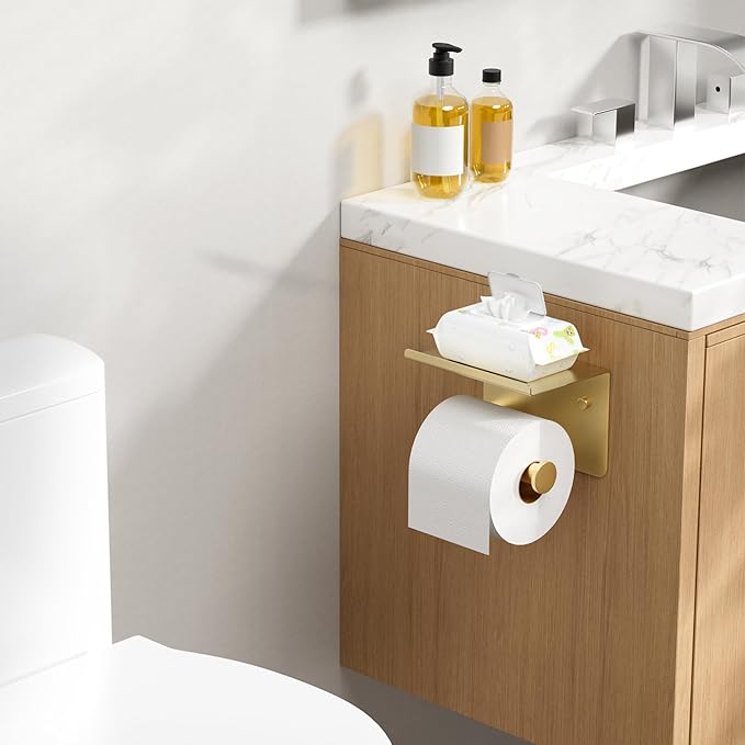 FORIOUS Toilet Paper Holder with Shelf, Adhesive or Screw Wall Mount Toilet Paper Roll Holder for Bathroom, 304 Stainless Steel Commercial Toilet Tissue Roll Dispenser with Phone Shelf (Brushed Gold)