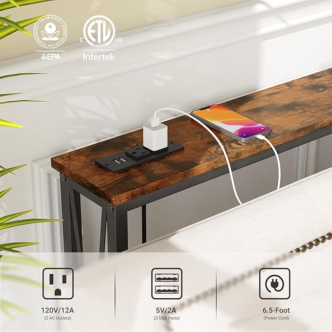 ELYKEN 5.9" Narrow Console Sofa Table with Power Outlets, 5.9" Dx63 Wx31.5 H Long Skinny Behind Couch Table with “X” Cross Metal Frame Charge Station with 6.5’ Extension Cord, Rustic Brown
