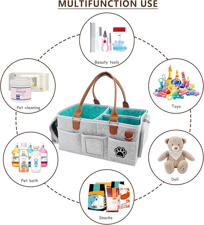 Felt Dog Grooming Bag,Portable Tote Bag for Dogs Cats,Dog Storage Organizer for Grooming Tool Kit,3 Compartments Pet Stuff Oganizers with 8 Pockets-Grey