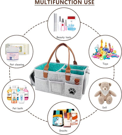 Felt Dog Grooming Bag,Portable Tote Bag for Dogs Cats,Dog Storage Organizer for Grooming Tool Kit,3 Compartments Pet Stuff Oganizers with 8 Pockets-Grey