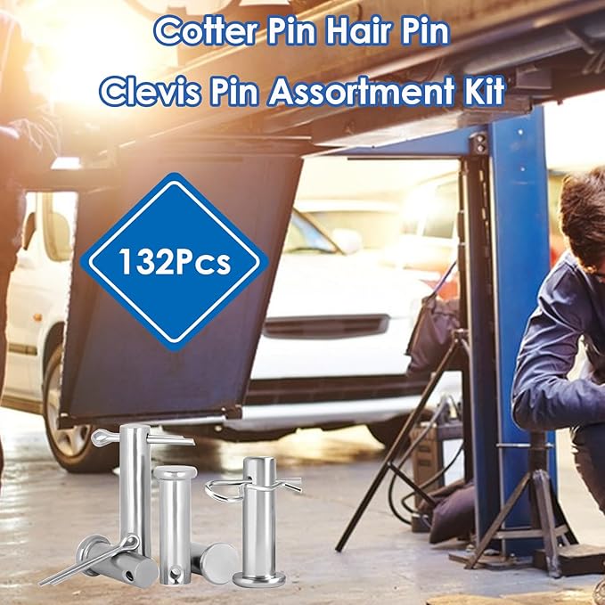 132Pcs Clevis Pin Assortment Kit - 304 Stainless Steel Cotter Pins & Carbon Steel Clevis Pins for Trailer Latch - Single Hole Clevis Pins for Versatile Use