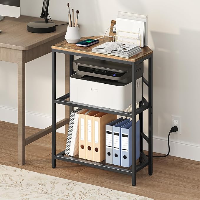 Corner Printer Stand with Charging Station, 3-Tier Large Printer Table with Adjustable Feet, Metal Frame Storage Shelf for Office, Living Room, Small Space, Rustic Brown PTHR14E01