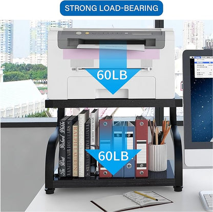 PUNCIA 2 Tiers Wood Black Home Office Desktop Printer Stand Laser Printer Copier Stand with Storage Tabletop Heavy Duty Rack Desk Organizer Shelf Dual for Small Space Double Tiers Tray