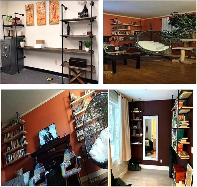 (68" Tall,10"deep)Industrial Wall Mount Iron Pipe Shelf Shelves Shelving Bracket Vintage Retro Ceiling Hung shelf Black DIY Open Bookshelf Storage offcie Room Kitchen (2PcsX5Tier,Hardware Only)