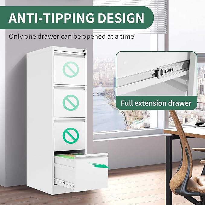 4 Drawer File Cabinet, Vertical File Cabinets with Lock for Home Office,Heavy Duty Office Steel Filing Cabinet for Hanging Letters/Legal/A4, Assembly Required (White)