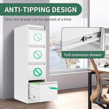 4 Drawer File Cabinet, Vertical File Cabinets with Lock for Home Office,Heavy Duty Office Steel Filing Cabinet for Hanging Letters/Legal/A4, Assembly Required (White)