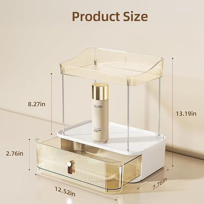 Delamu 3-Tier Bathroom Counter Organizer with Drawer, Multi-Purpose Makeup Organizer Countertop for Vanity, Large Cosmetic Display Case Perfume Tray Skincare Organizers, Amber
