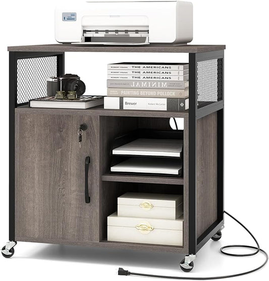 Giantex File Cabinet, Lateral Filing Cabinet with Lock, Wheels, Charging Station, Cable Hole, Lockable Side Cabinet, Adjustable Shelves, Metal Frame, Printer Stand for Home Office Small Space (Grey)