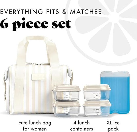 Fit & Fresh Neoprene Lunch Bag For Women, Insulated Womens Lunch Bag For Work, Tear & Stain Resistant Large Lunch Box For Women With Containers and Ice, Machine Washable Remi Bag, Ivory Stripe
