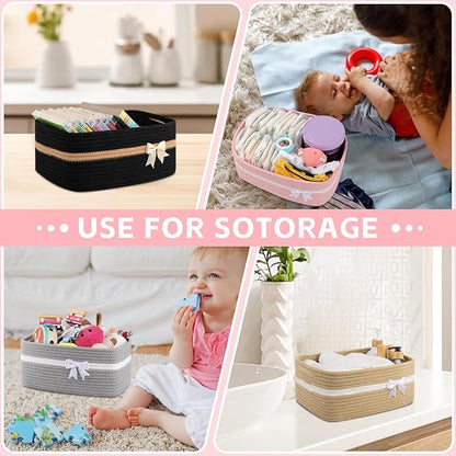 OIAHOMY Large Woven Storage Basket with Handles for Nursery Living Room Shelves, Bow Basket for Gifts Empty with Gift Bags and Ribbons for Baby Showers Pet Toy Bin - Black