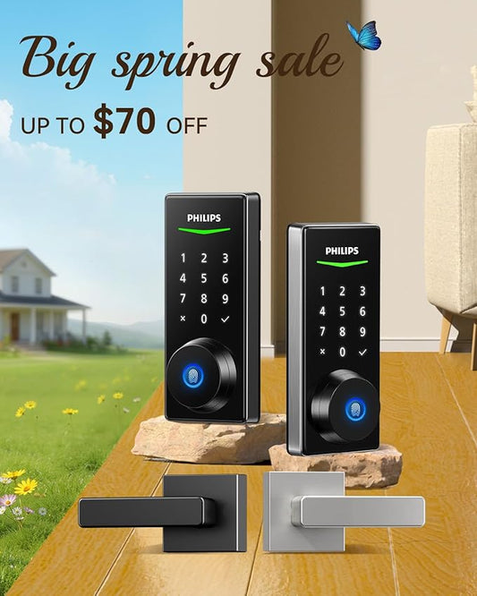 Philips Smart Lock with Handles, Keyless Entry Door Lock Set, Keypad Door Lock with 2 Level Handles, Digital Keypad Deadbolt for Front Door, App Fingerprint PIN Code Unlocking, Auto Locking