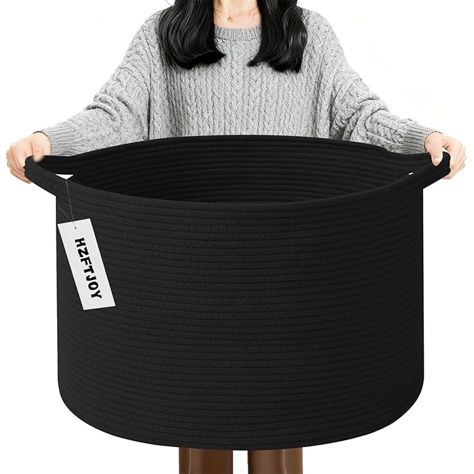 90L Large Blanket Basket,21.7"L x 21.7"W x 13.8"H Rope Woven Baskets with Handles, Toys Storage Bins,Laundry Basket Perfect for Living Room, Nursery,Bedroom,Home Organization,Black