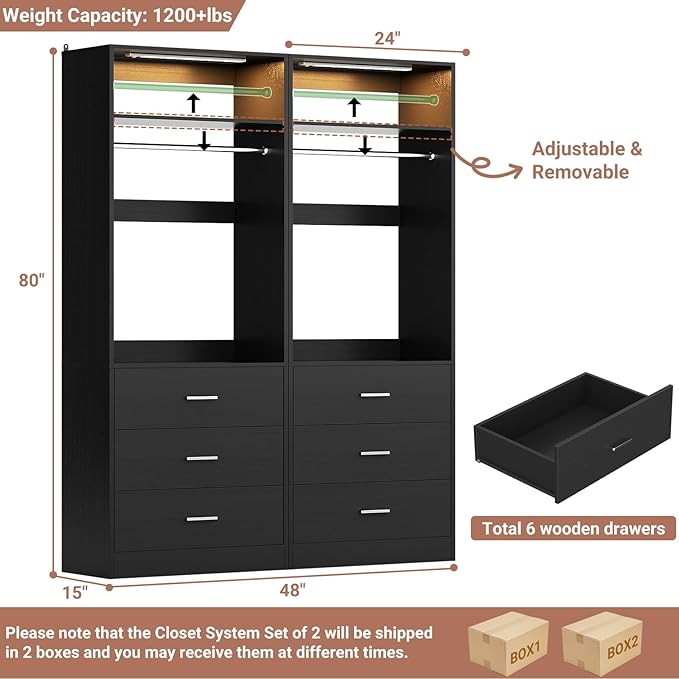 4FT Closet System with 2 Motion Sensor LED Lights, 48" Closet Systems with 6 Drawers, Closet Organizer System with 2 Hanging Rods & 2 Shelves, Heavy Duty 48 Inch Walk-in Closet, Black