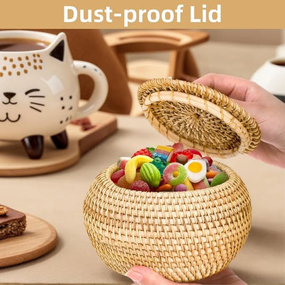 Small Rattan Basket Box with Lid, Round Handmade Woven Storage Basket, Multi-purpose Wicker Bowl Decorative Organizer for Shelf, Home, Bathroom Decor