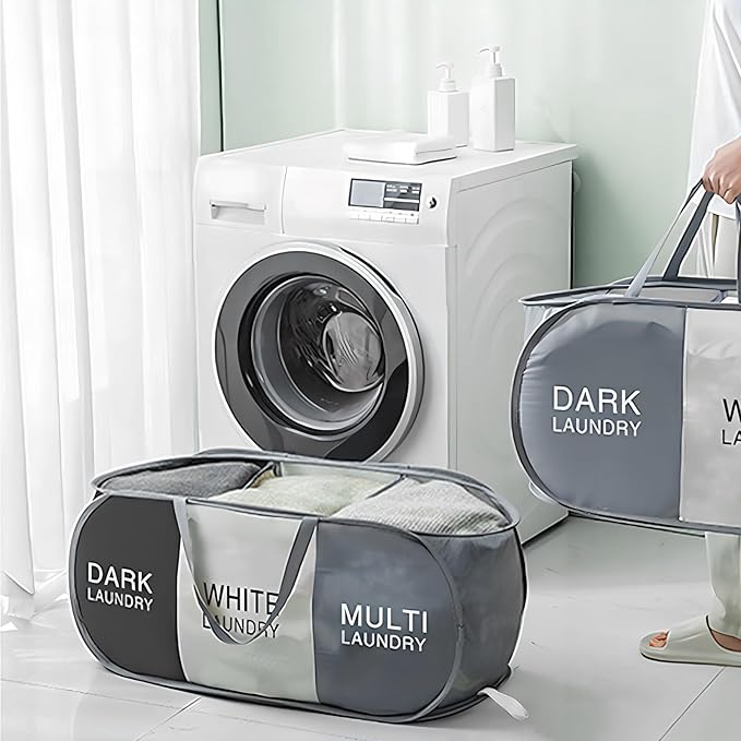 Pop Up Laundry Hamper 3 Section, Collapsible Laundry Basket with Carry Handles for Home, Laundry Room, Bedroom, Dorm, RV Travel (Black & Grey & Beige - 3 Compartments)