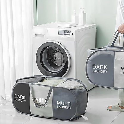 Pop Up Laundry Hamper 3 Section, Collapsible Laundry Basket with Carry Handles for Home, Laundry Room, Bedroom, Dorm, RV Travel (Black & Grey & Beige - 3 Compartments)