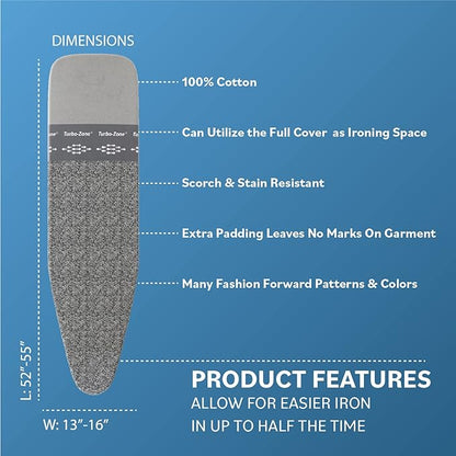 Bartnelli Ironing Board Cover and Pad, Made in Europe with New Patent Technology | 54x15 Iron Board Replacement Cover Featuring Park & Turbo Zone, Scorch Resistant 100% Cotton Thick Layered Top