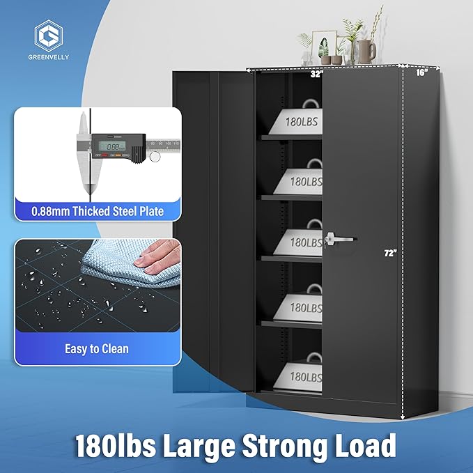 Greenvelly Metal Cabinet, 72" Black Locking Metal Storage Cabinet with 2 Doors and 4 Adjustable Shelves, Lockable Garage Storage Cabinets for Home Office, Garage, Kitchen, Living Room