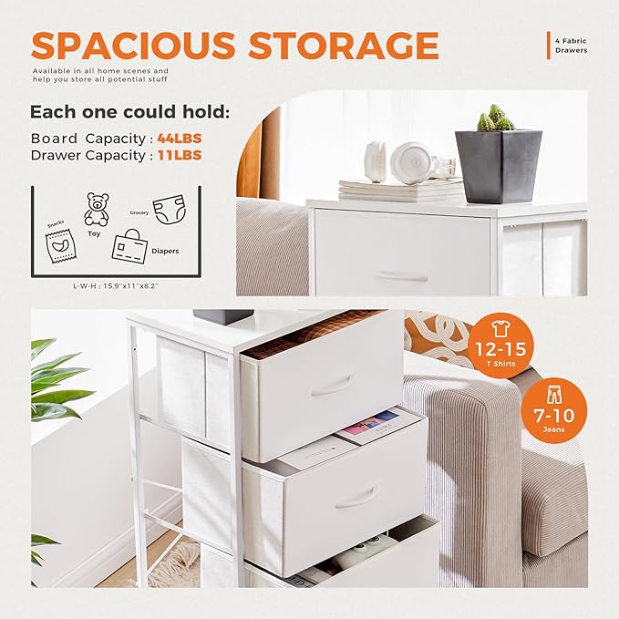 Sweetcrispy Dresser for Bedroom, Storage Drawers, Skinny Fabric Storage Tower with 4 Drawers, Tower Organizer Unit, Chest of Drawers with Wooden Top for Closet,Entryway,White
