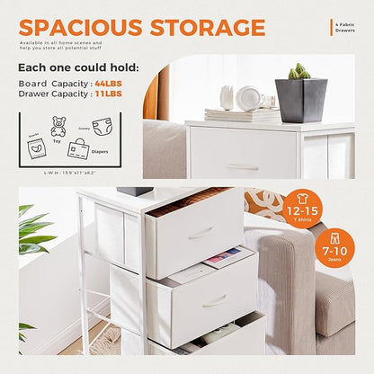 Sweetcrispy Dresser for Bedroom, Storage Drawers, Skinny Fabric Storage Tower with 4 Drawers, Tower Organizer Unit, Chest of Drawers with Wooden Top for Closet,Entryway,White