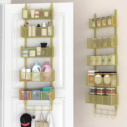 Over The Door Organizer, Metal Door Organizer Hanging with 5 Adjustable Baskets and Coat Hook, Behind The Door Storage for Bedroom Closet Bathroom Pantry Cabinet Kitchen, Gold