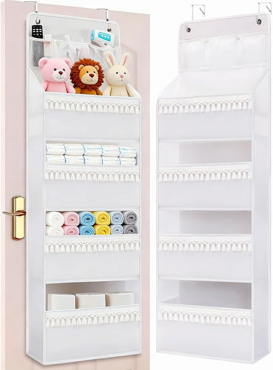 Over the Door Organizer - Boho Nursery Hanging Organizer with Tassels -Oxford Behind Door Storage for Bedroom, Bathroom, Closet, Dorm, Pantry, Diapers, 4 Shelves, White