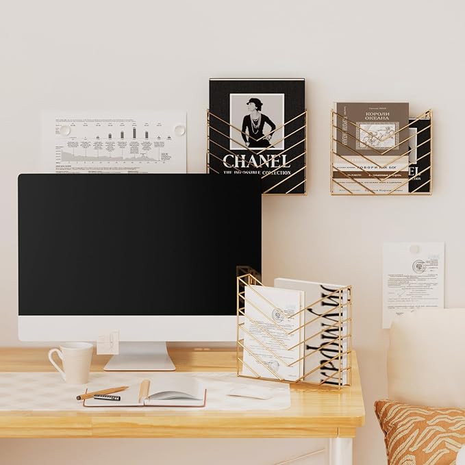 CROISSANT Black Wall Mounted File Organizer,Metal Magazine Basket, Concave Wall Mounted Magazine Rack, Suitable for Hanging File Folders for Office Living Room (Golden, 2 Pack)