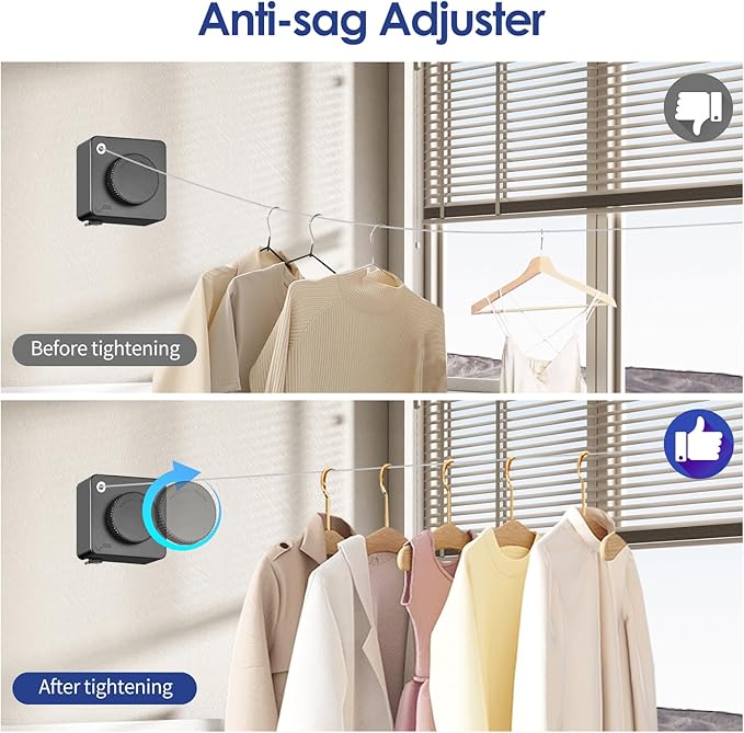 Retractable Clothesline Indoor, Non-Sagging Clothes Line Retracting Outdoors,15.6Ft Heavy Duty Clothes Drying Laundry Line, Wall Mounted Clothesline with 5pcs Stainless Steel Hooks (Grey)