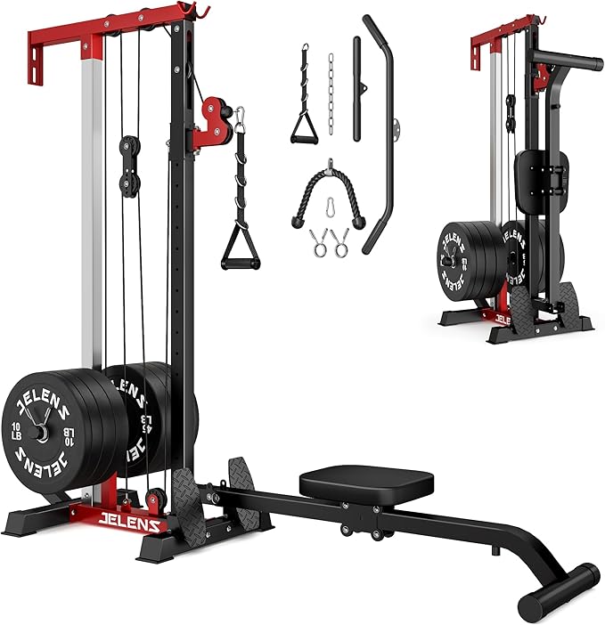 RC01 Foldable LAT Pulldown Machine with Adjustable seat, Wall Mount Cable Station with 16 Adjustable Positions, Cable Machine Home Gym 2 in 1, Functional Trainer with Rowing and LAT Pulldown