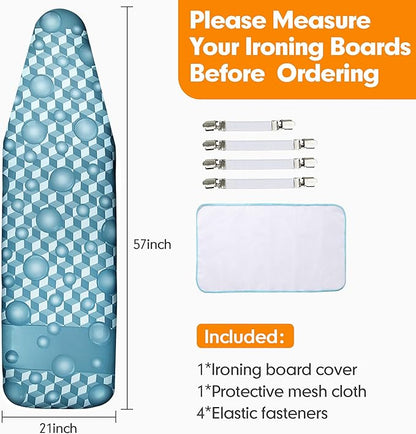 Ironing Board Cover and Pad, 21x54 Extra Large Thick Iron Padding, Scorch & Stain Resistant Ironing board cover, Heavy Duty Iron Board Padded with Adjustable Fasteners Elastic Edge, Aqua Blue
